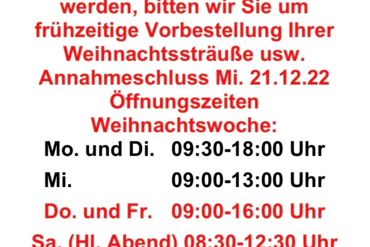 Achtung geänderte Öffnungszeiten in der Weihnachtswoche!